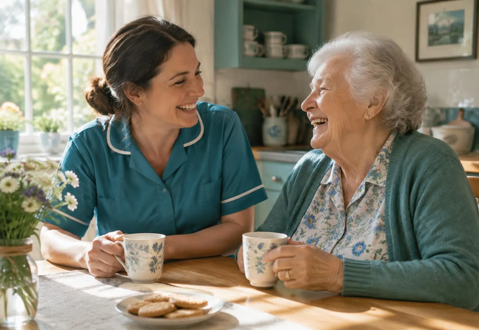 A smiling caregiver sharing tea and laughter with an older woman at her kitchen table