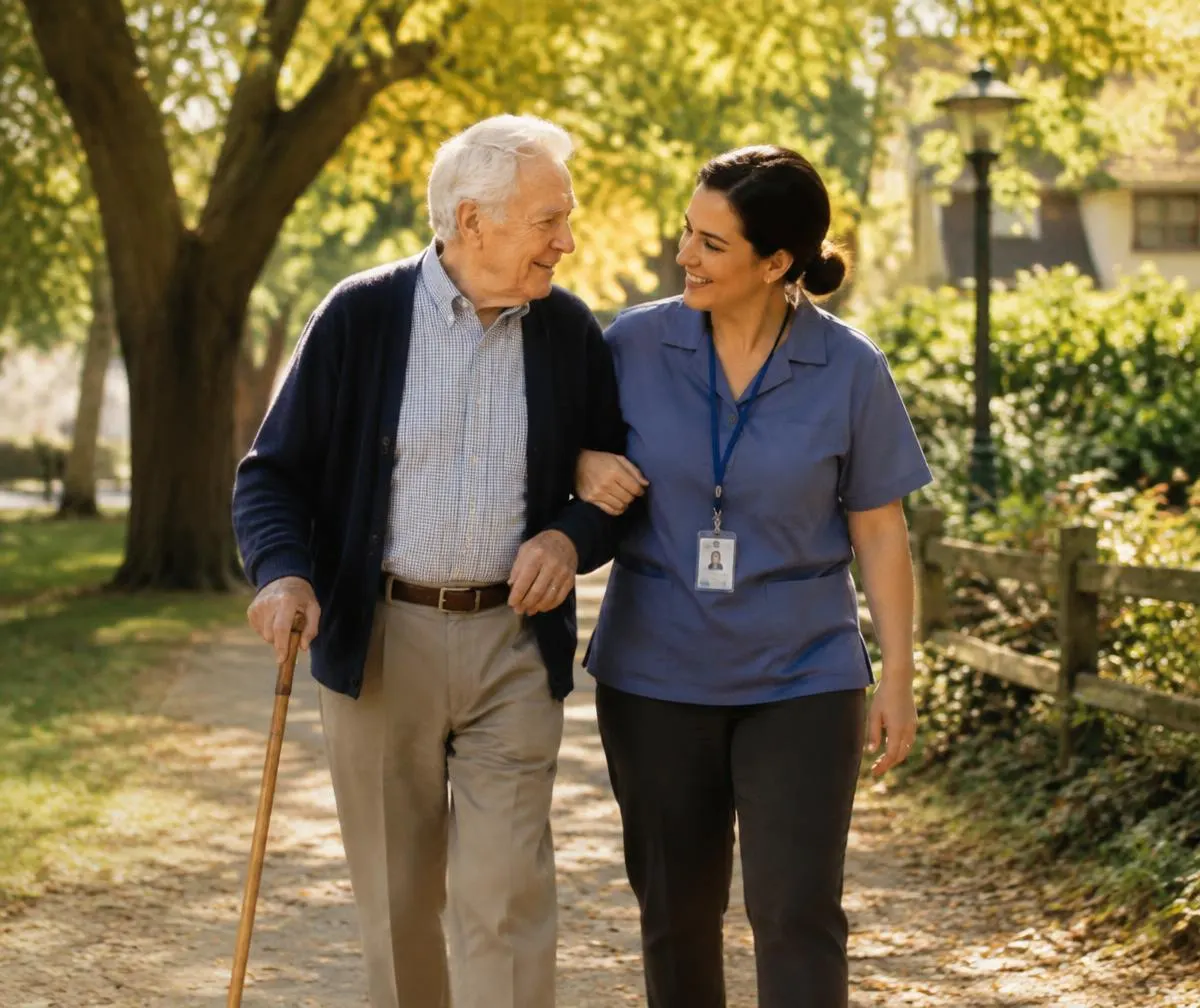 A caregiver walking arm in arm with an older man through a sunny park